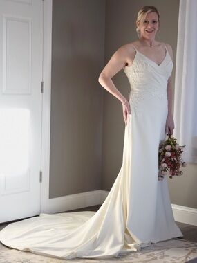 Moonlight Bridal Ivory Satin A-Line Wedding Dress with Beaded Bodice
